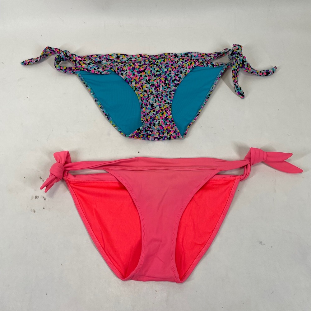 Victorias Secret Bikini Bottoms Lot of 2 Neon Pink Multi Color Side Tie Swim Med